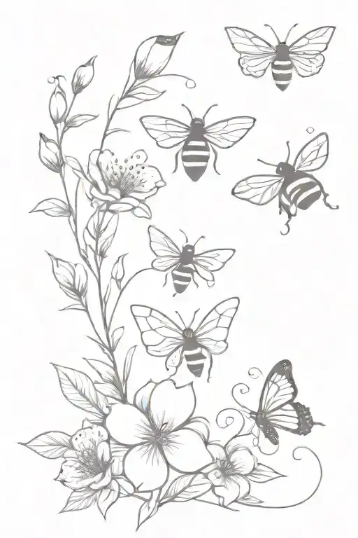 bees and butterflies with flowers tattoo design idea
