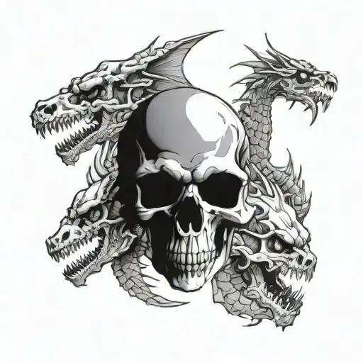 skull and three headed dragon tattoo design idea