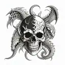 skull and three headed dragon tattoo design idea