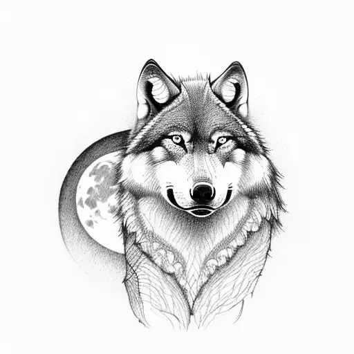 A majestic wolf howling at the moon above a scenic Alaskan landscape, with elements of New Orleans jazz and architecture in a dotwork style. tattoo design idea