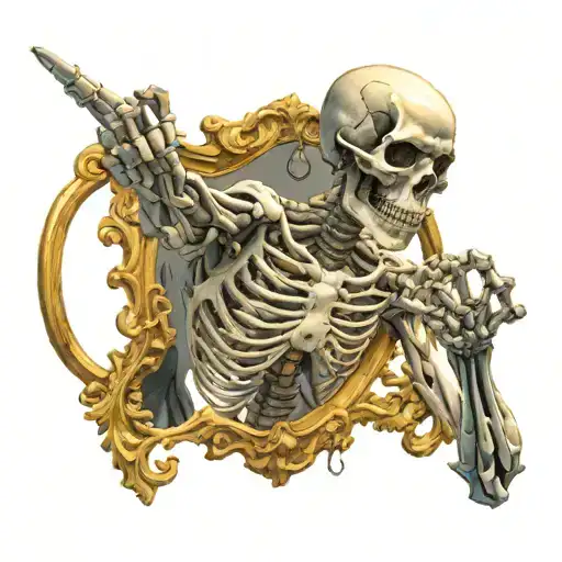 skeleton pointing in large mirror at chaotic man tattoo design idea
