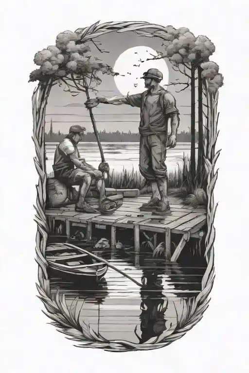 guys removing docks from a lake tattoo design idea