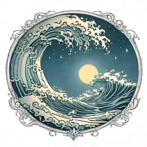 wave and moon shining in stat light  tattoo design idea