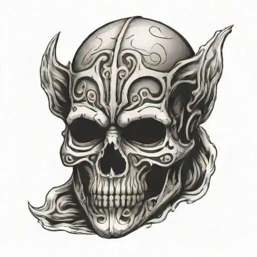 aged forged iron death mask with markings tattoo design idea