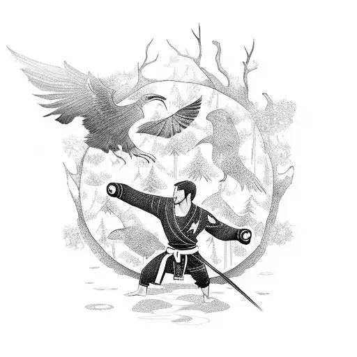 A fierce martial arts warrior surrounded by ravens in a forest tattoo design idea
