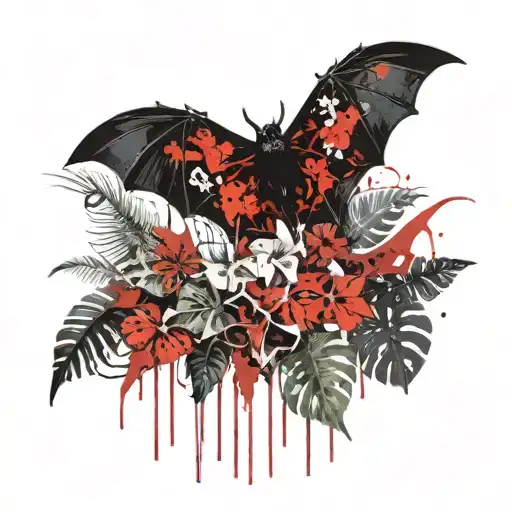A hanging bat surrounded by monstera plants growing tattoo design idea