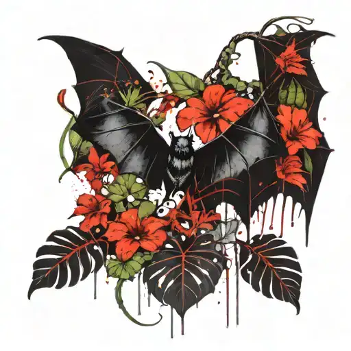 A hanging bat surrounded by monstera plants intertwined. Black and white  tattoo design idea