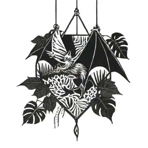  bat hanging upside down surrounded by monstera plants intertwined tattoo design idea
