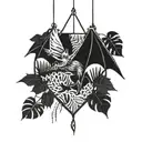  bat hanging upside down surrounded by monstera plants intertwined tattoo design idea