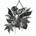  bat hanging upside down surrounded by monstera plants intertwined tattoo design idea