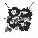  bat hanging upside down surrounded by monstera plants intertwined tattoo design idea