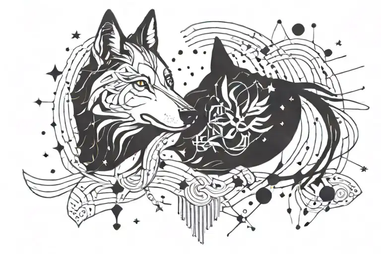a wolf wis constellations swarming around its head with colorful hair  tattoo design idea