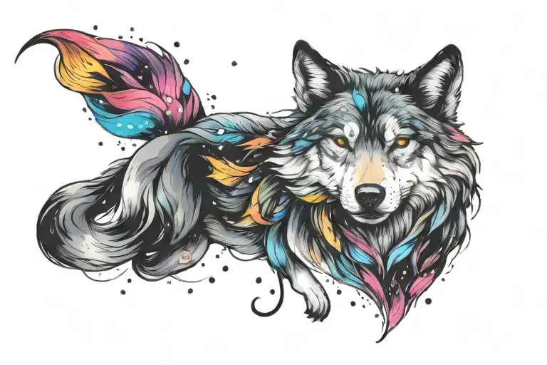 a wolf wis constellations swarming around its head with colorful hair  tattoo design idea