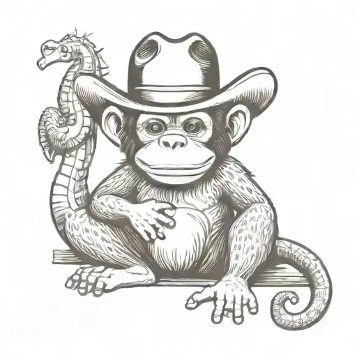 Monkey with mustache and cowboy hat in a squatting position with a seahorse on his shoulder  tattoo design idea
