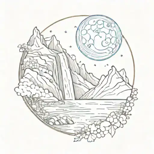 mountain range with waterfall and moon surrounded tattoo design idea
