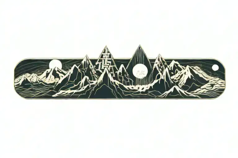 mountain range with waterfall and moon surrounded tattoo design idea