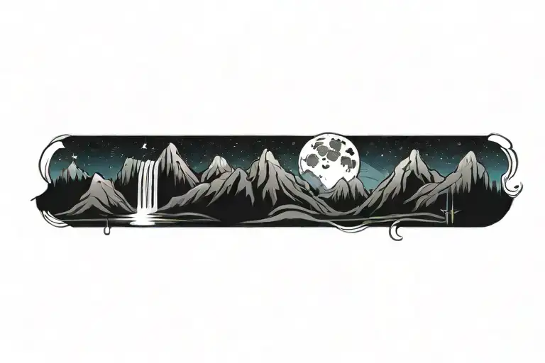 mountain range with waterfall and moon surrounded tattoo design idea