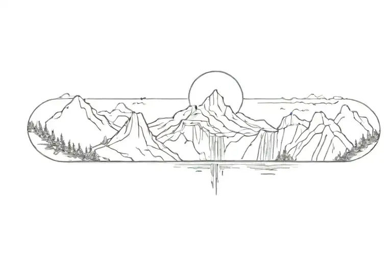 mountain range with waterfall and moon surrounded tattoo design idea