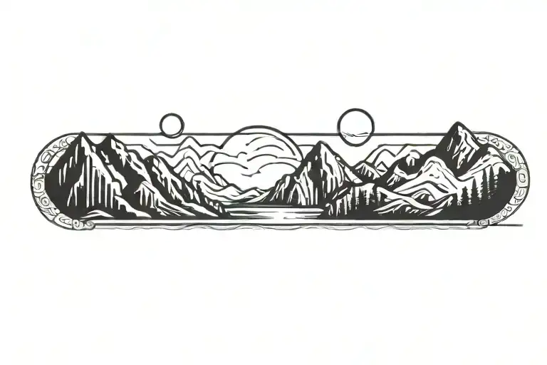 mountain range with waterfall and moon surrounded tattoo design idea