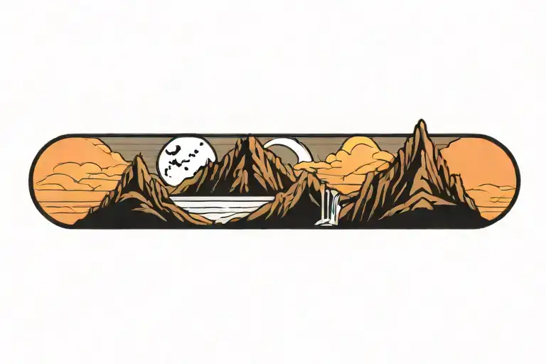 mountain range with waterfall and moon surrounded tattoo design idea