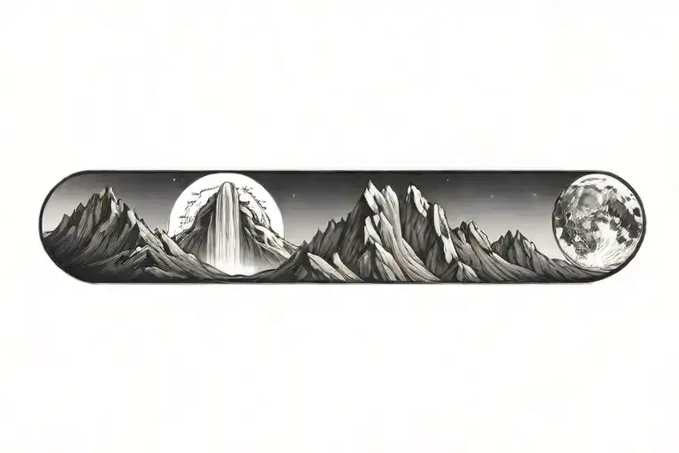 mountain range with waterfall and moon surrounded tattoo design idea