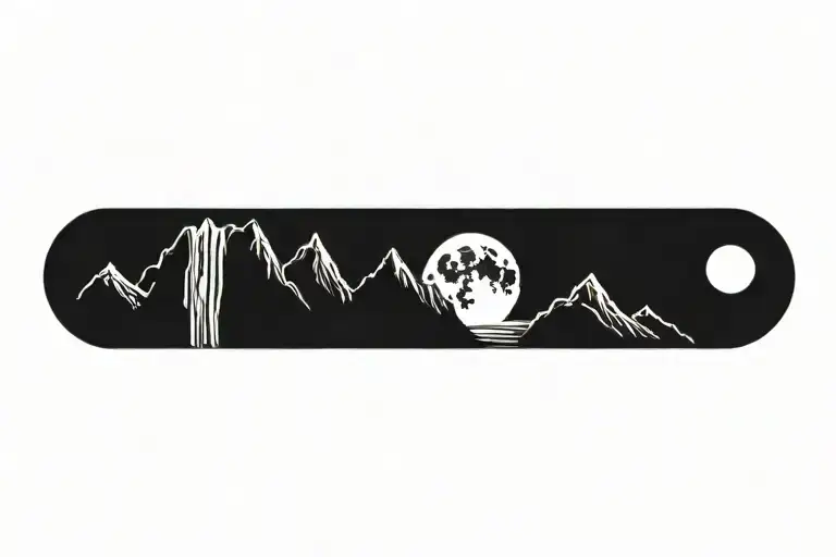 mountain range with waterfall and moon surrounded tattoo design idea