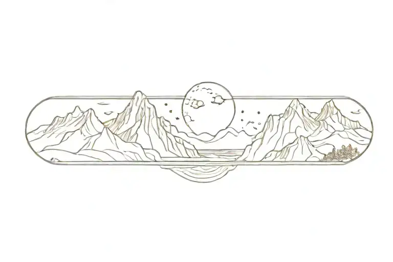 mountain range with waterfall and moon surrounded tattoo design idea