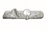 mountain range with waterfall and moon surrounded tattoo design idea