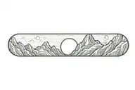 mountain range with waterfall and moon surrounded tattoo design idea