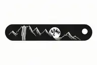mountain range with waterfall and moon surrounded tattoo design idea