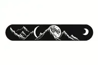 mountain range with waterfall and moon surrounded tattoo design idea