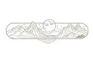 mountain range with waterfall and moon surrounded tattoo design idea