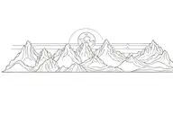 mountain range with waterfall and moon surrounded tattoo design idea