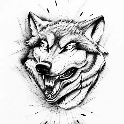 angry wolf showing his theet tattoo design idea