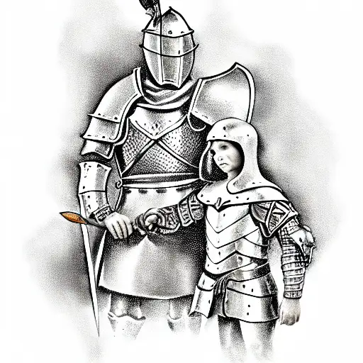 medieval warrior knight on his knee giving an apple to a child tattoo design idea