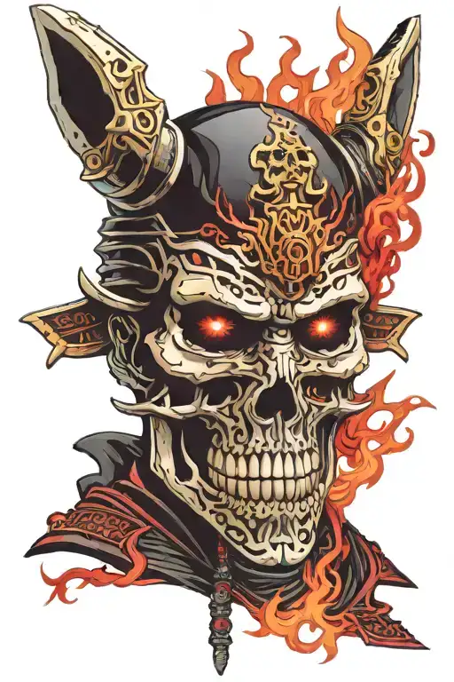 skull face samurai with red and black armour and flame eyes  tattoo design idea