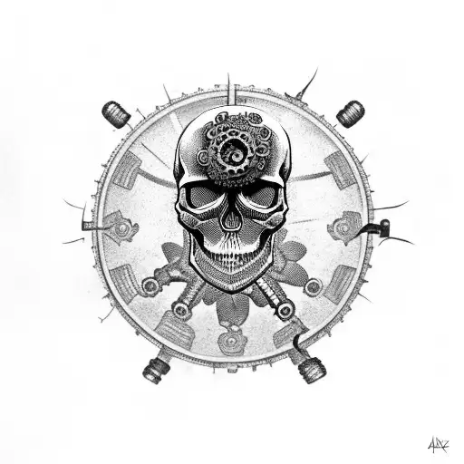 skull with cogs and flowers tattoo design idea