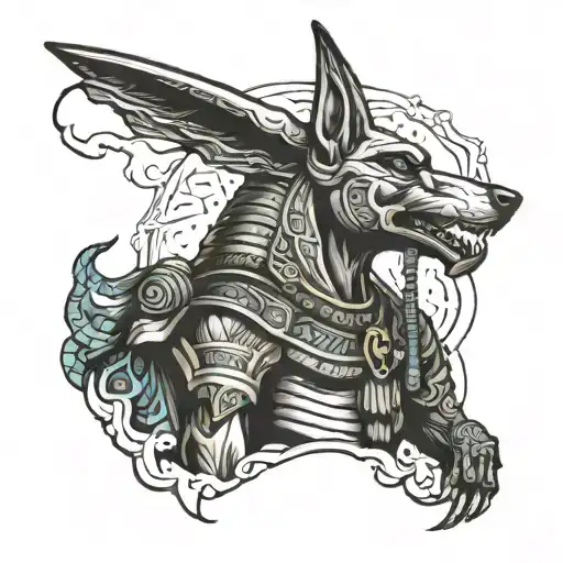 anubis holding gun tattoo design idea