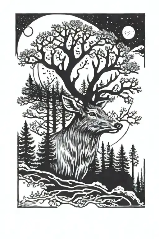 deer head with trees background looking moon surrounded tattoo design idea