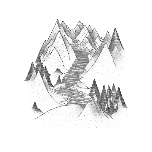 Picture a mountain range with a winding path leading up towards the peaks. Each peak represents a significant challenge  tattoo design idea