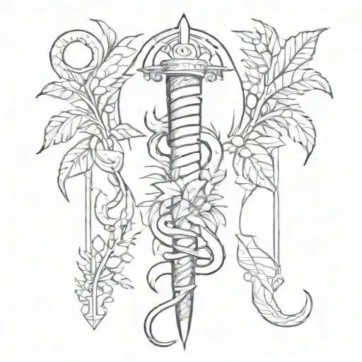  dagger, moon, snake, plants tattoo design idea