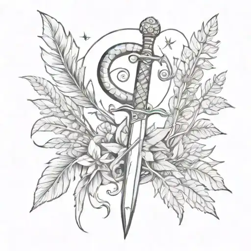 black and white scatch, dagger, moon, snake, plants tattoo design idea