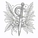 black and white scatch, dagger, moon, snake, plants tattoo design idea