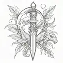 black and white scatch, dagger, moon, snake, plants tattoo design idea