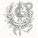 black and white scatch, dagger, moon, snake, plants tattoo design idea