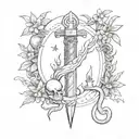 black and white scatch, dagger, moon, snake, plants tattoo design idea