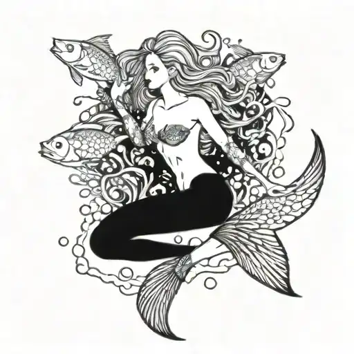 A mystical mermaid swimming among a school of colorful fish in a serene underwater scene tattoo design idea