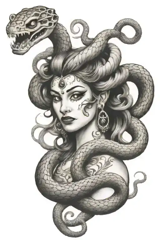 Devi with snake slithering tattoo design idea