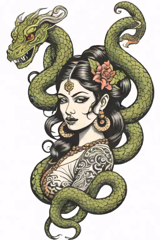 Devi with snake slithering tattoo design idea