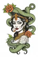 Devi with snake slithering tattoo design idea